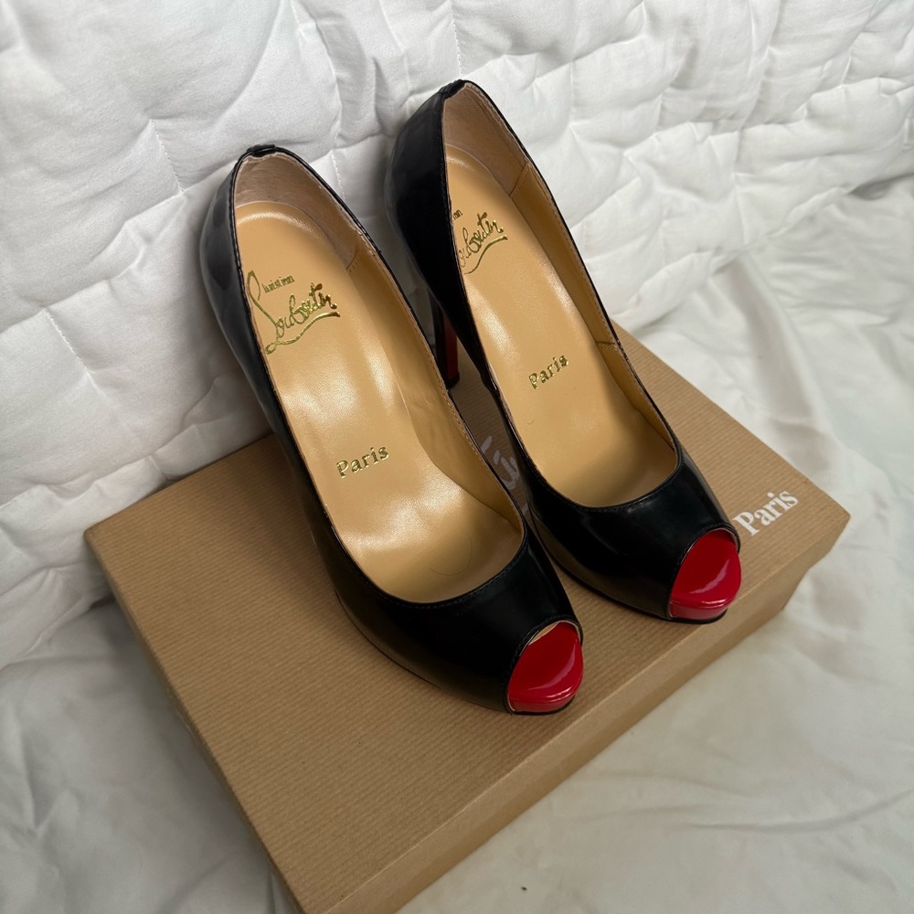 Louboutin Patent Black and Red Platform Open Toe Heels - Never Used